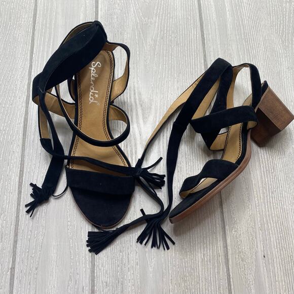 Splendid Women's Black Strappy Heeled Suede Tie Ankle Tassel Sandals Size 8 - Picture 1 of 10